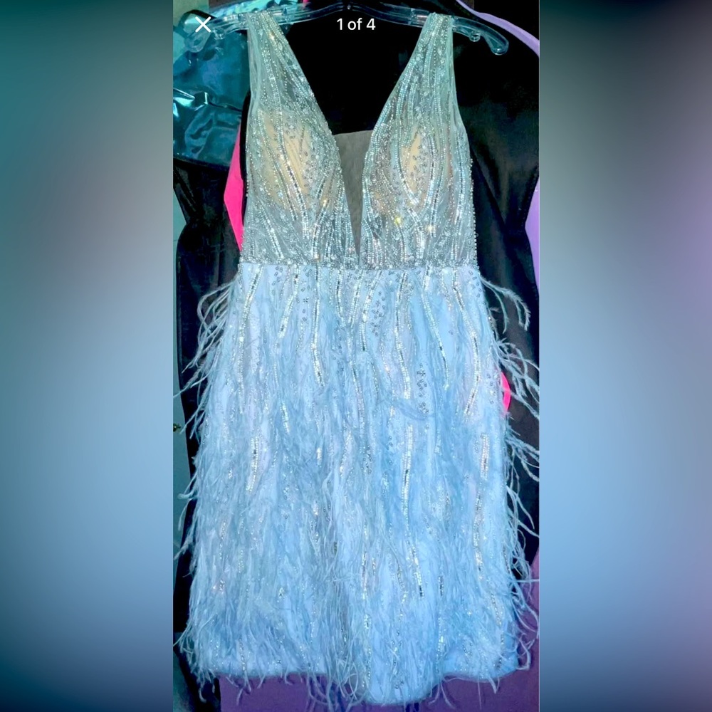 Jovani #04619 Blue and Silver Sequin and Feather Homecoming Dress